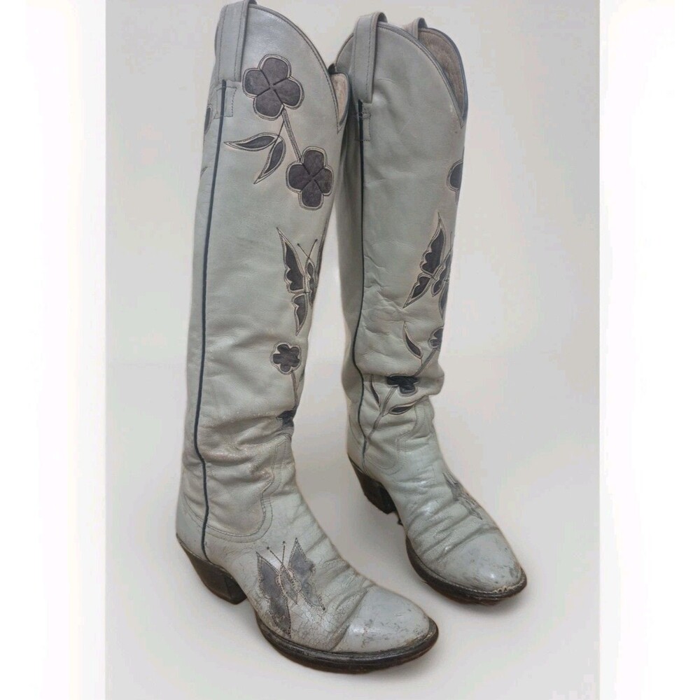 Larry Mahan Vintage Woman's Butterfly Flowers Cowgirl Boots Size 5.5 RARE Gray